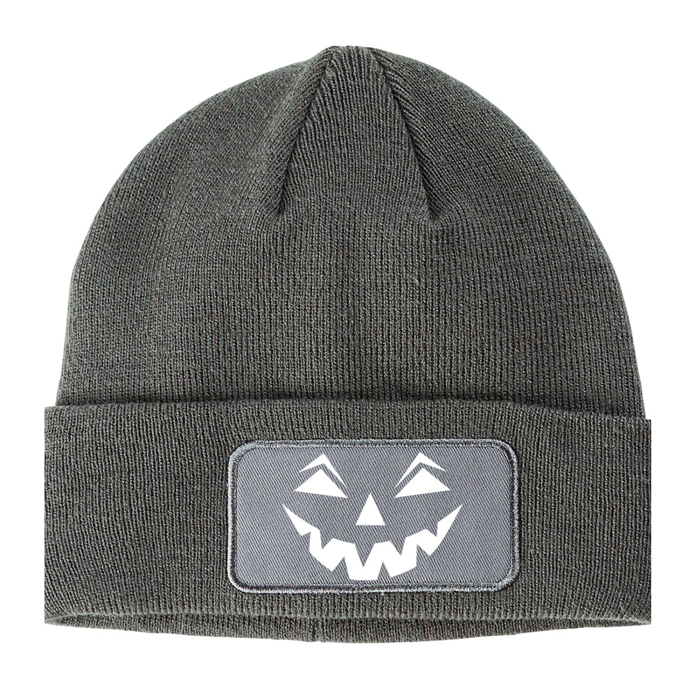 Jack o lantern Pumpkin Face Halloween Winter Knit Adult Beanie Hat Grey