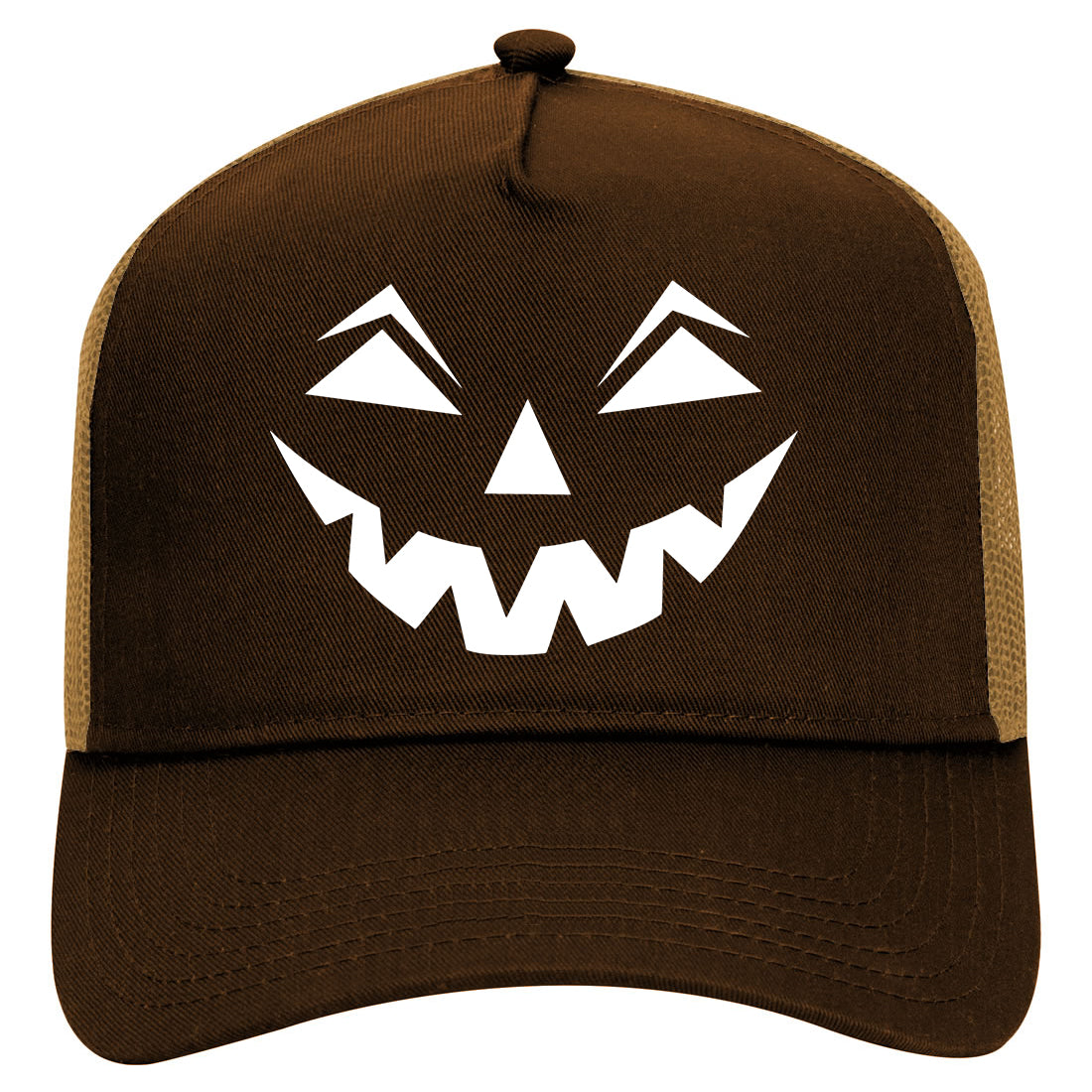 Jack o lantern Pumpkin Face Halloween Mens Mesh Trucker Hat Brown