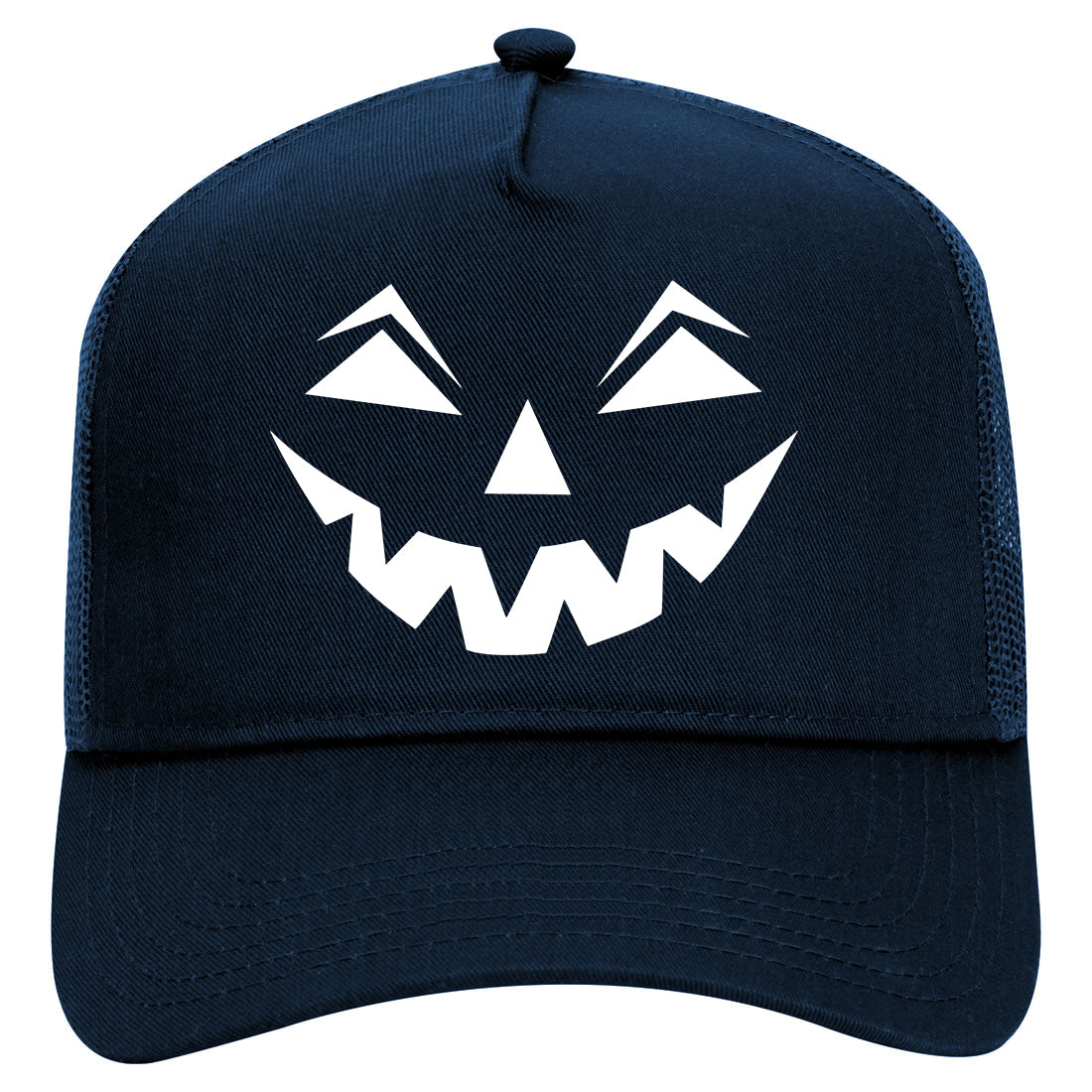 Jack o lantern Pumpkin Face Halloween Mens Mesh Trucker Hat Navy Blue
