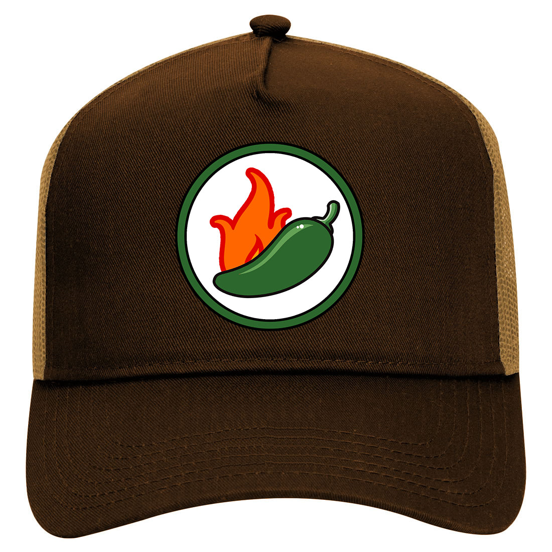 Jalapeno Hot Pepper Chest Mens Mesh Trucker Hat Brown