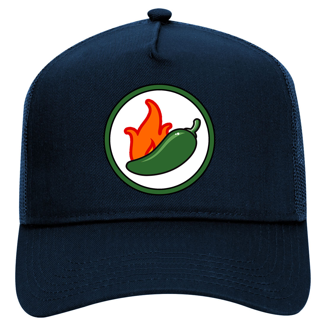 Jalapeno Hot Pepper Chest Mens Mesh Trucker Hat Navy Blue