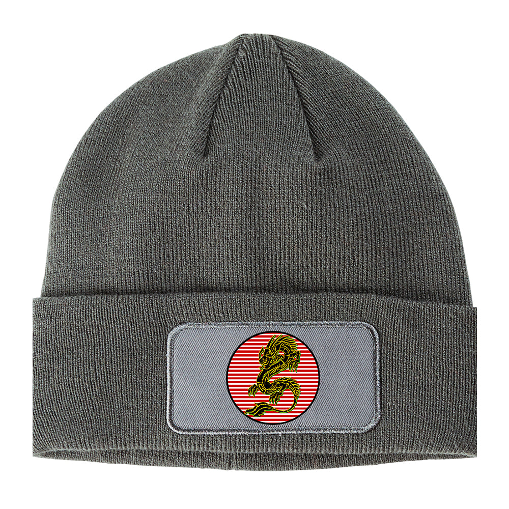 Japanese Dragon Red Sun Winter Knit Adult Beanie Hat Grey
