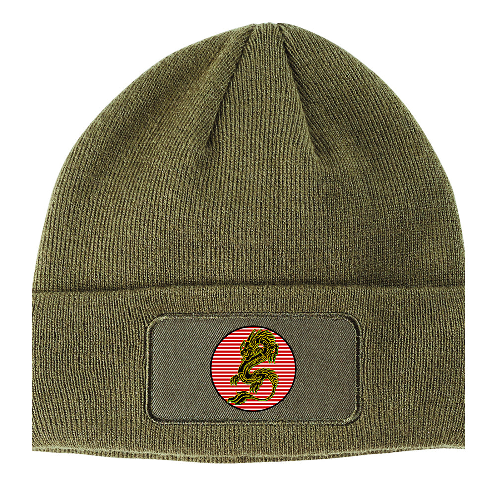 Japanese Dragon Red Sun Winter Knit Adult Beanie Hat Olive Green
