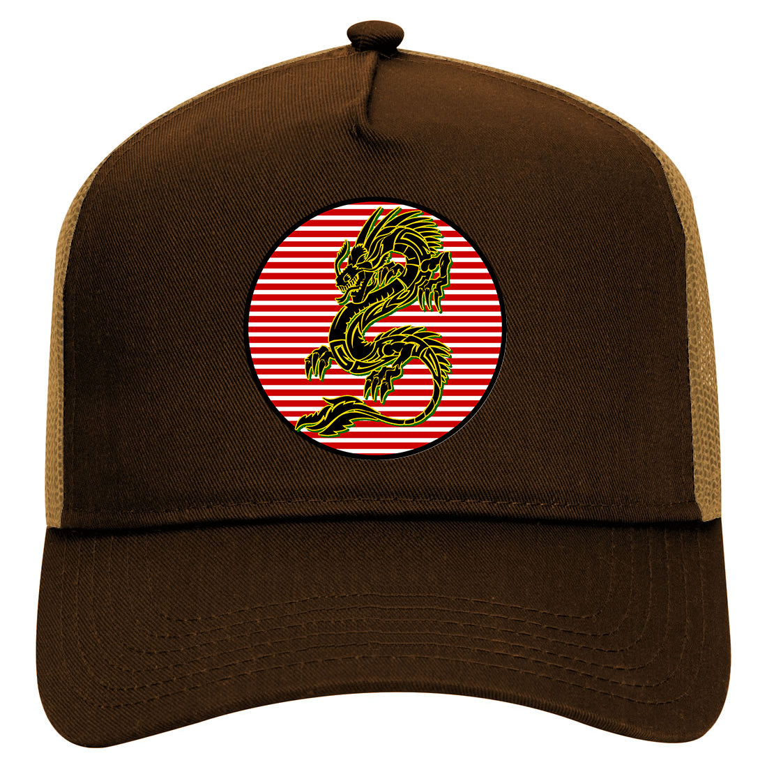 Japanese Dragon Red Sun Mens Mesh Trucker Hat Brown