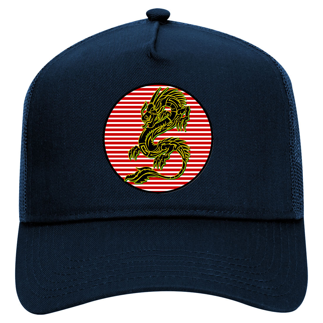 Japanese Dragon Red Sun Mens Mesh Trucker Hat Navy Blue