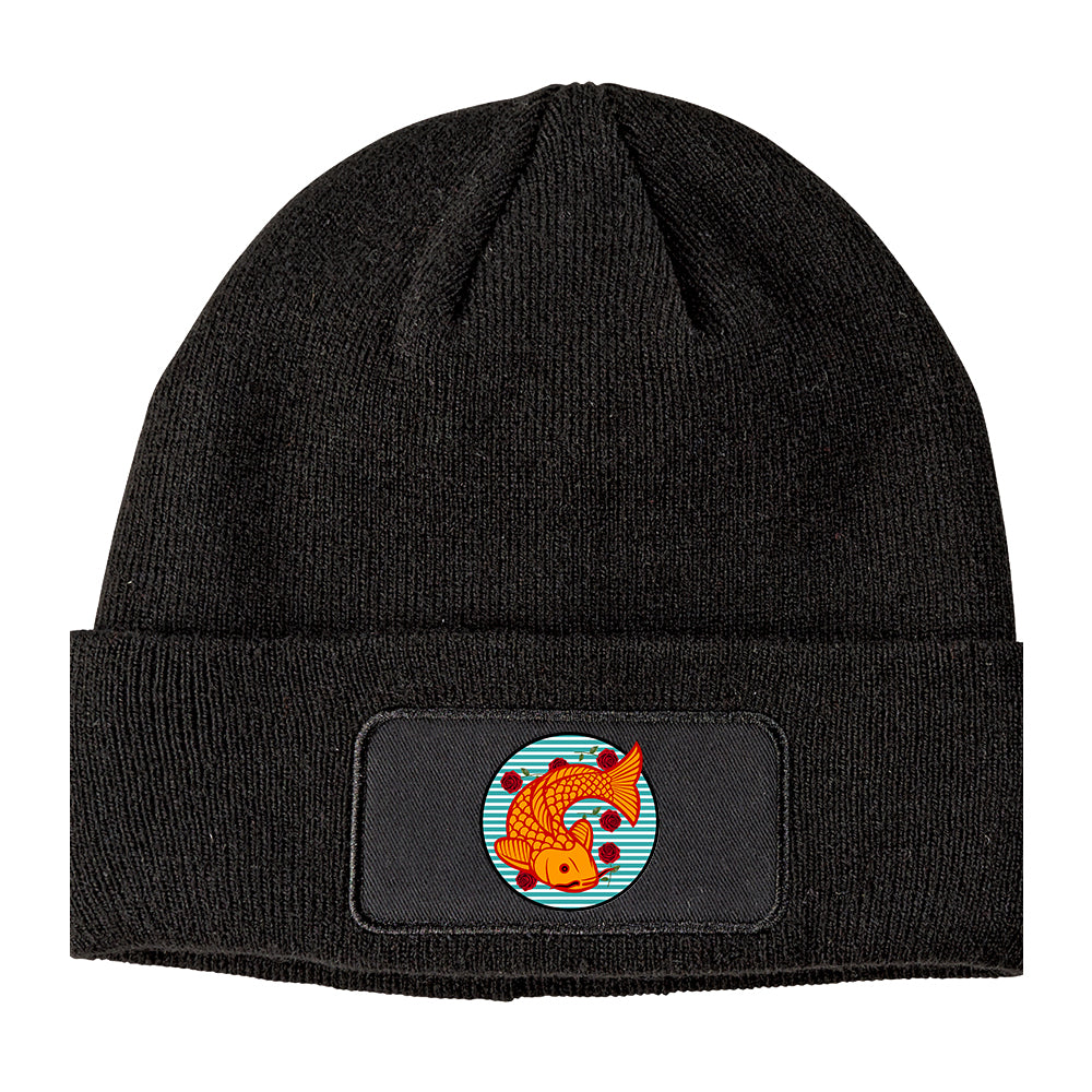 Japanese Koi Fish Print Winter Knit Adult Beanie Hat Black