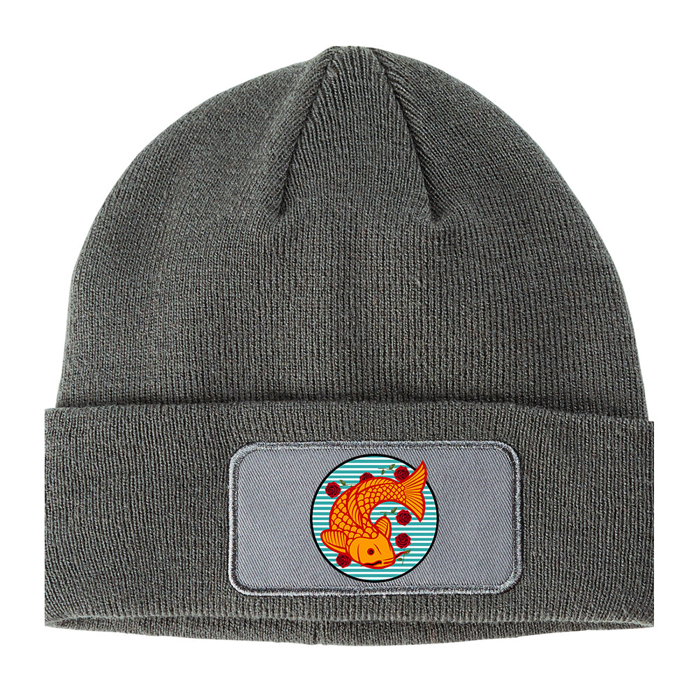 Japanese Koi Fish Print Winter Knit Adult Beanie Hat Grey
