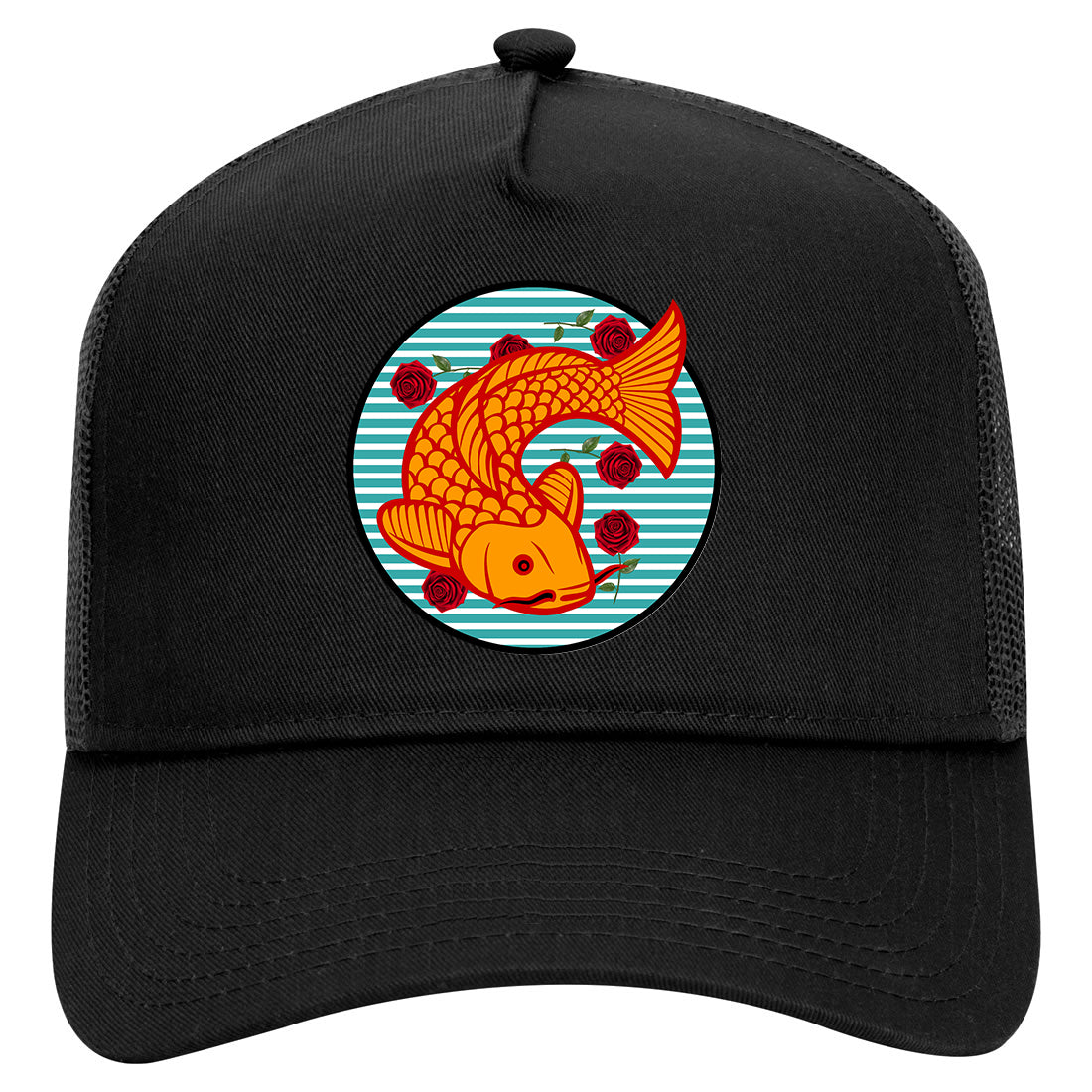 Japanese Koi Fish Print Mens Mesh Trucker Hat Black