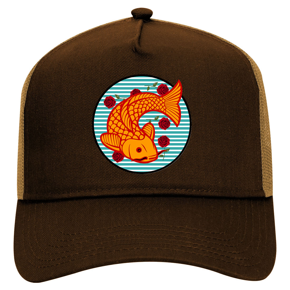 Japanese Koi Fish Print Mens Mesh Trucker Hat Brown