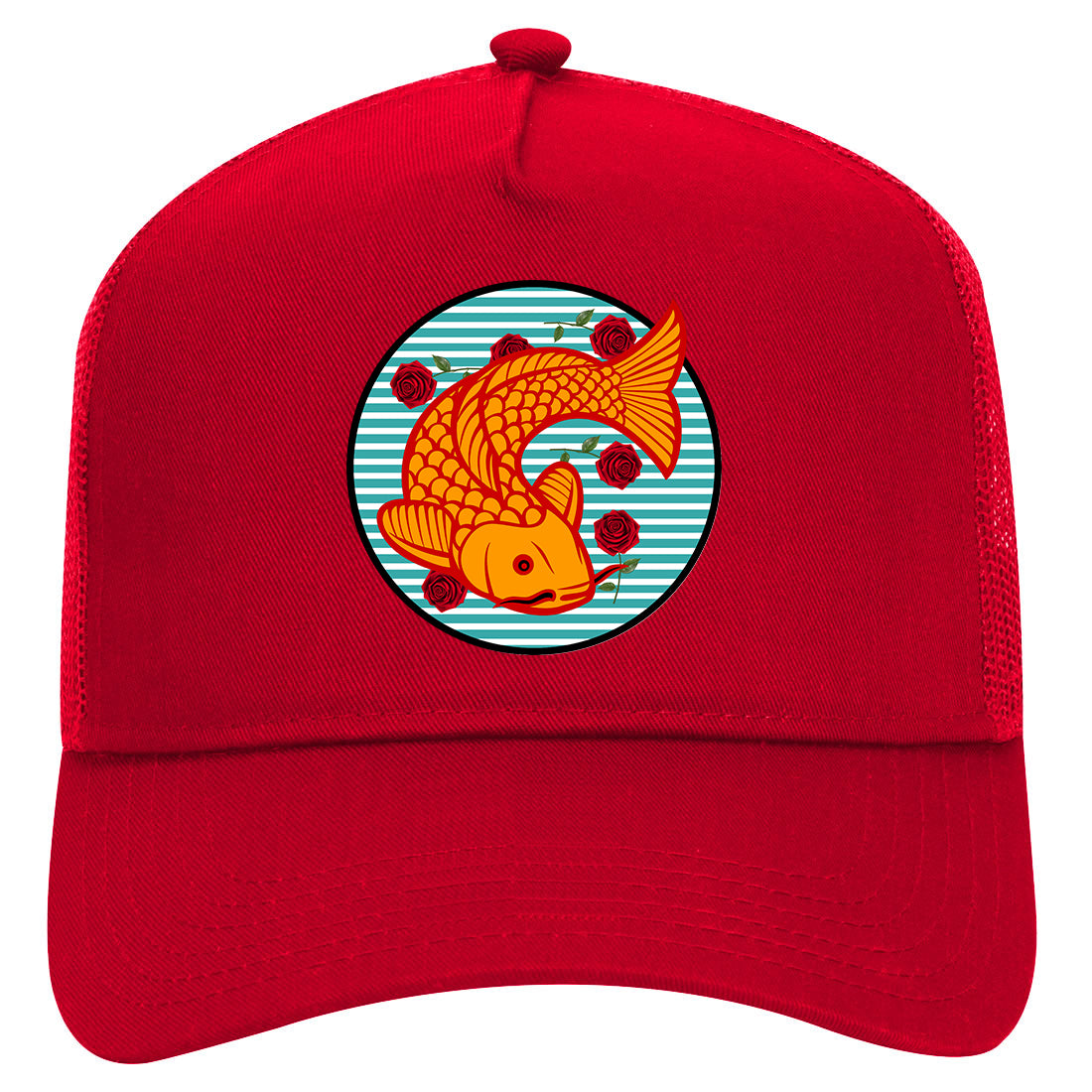 Japanese Koi Fish Print Mens Mesh Trucker Hat Red