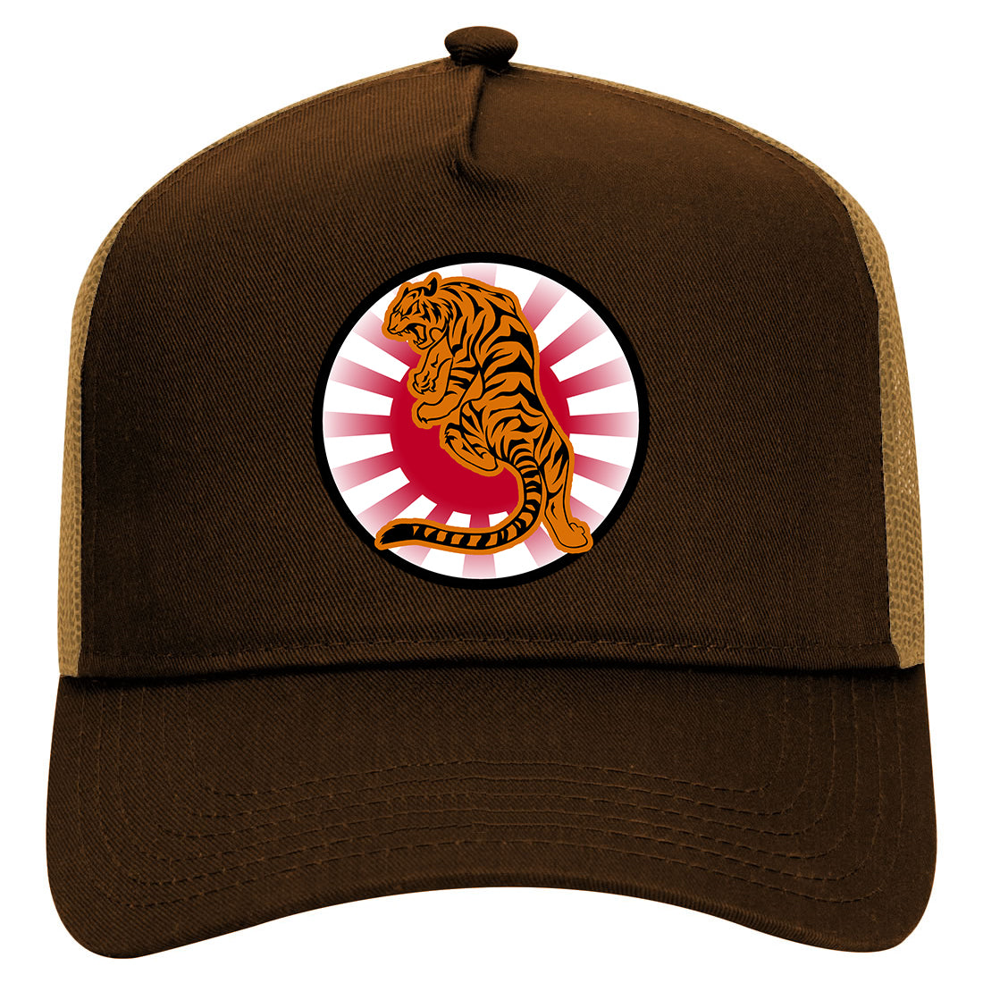 Japanese Tiger Rising Sun Mens Mesh Trucker Hat Brown