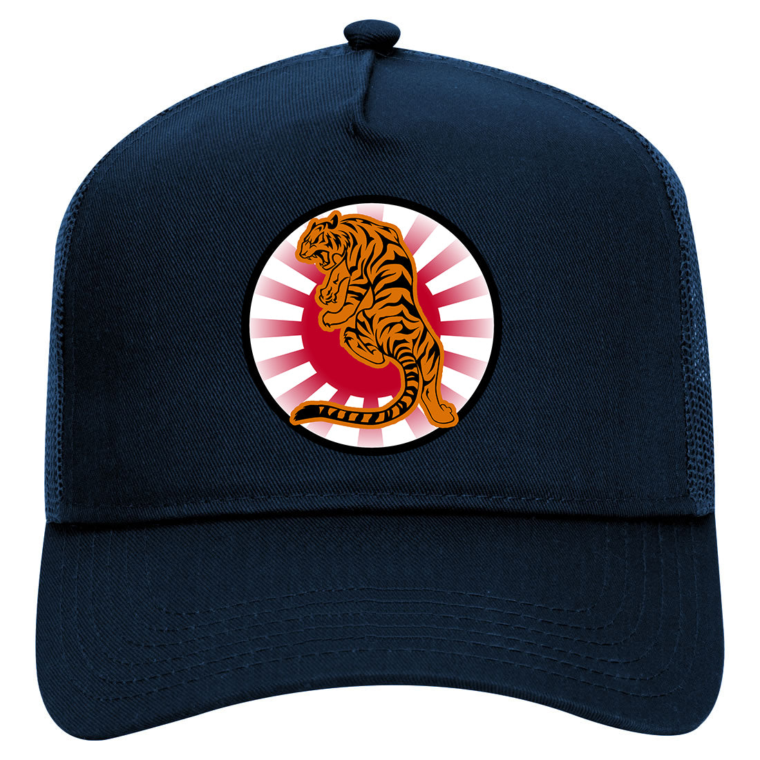 Japanese Tiger Rising Sun Mens Mesh Trucker Hat Navy Blue