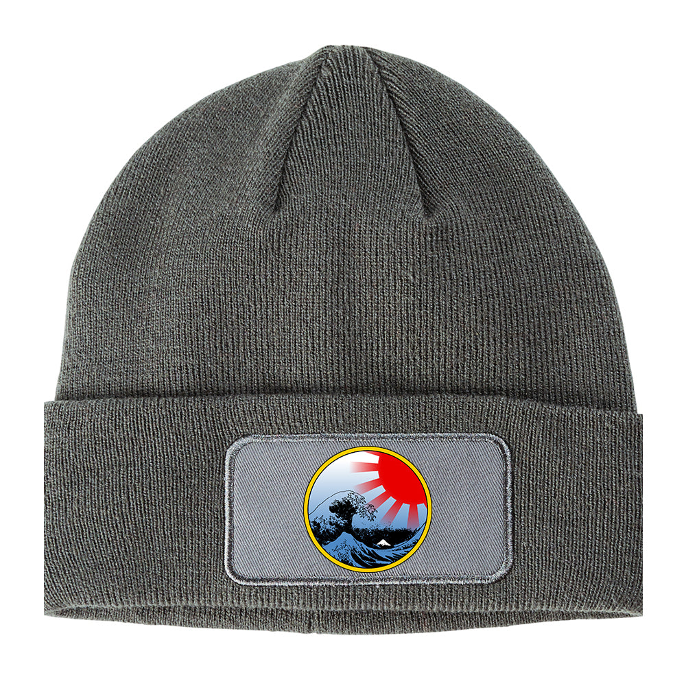 Japanese Wave Print Winter Knit Adult Beanie Hat Grey