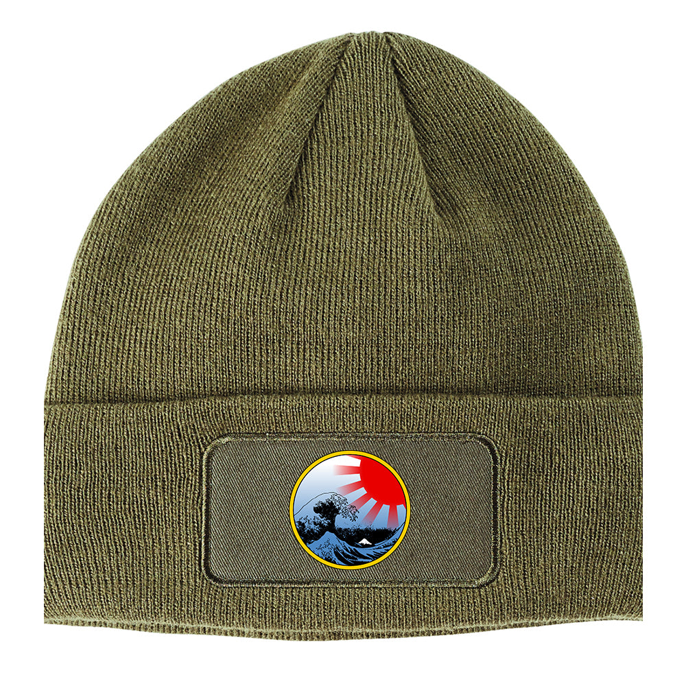 Japanese Wave Print Winter Knit Adult Beanie Hat Olive Green