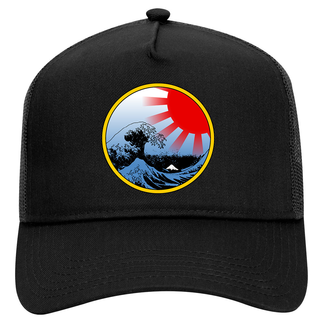 Japanese Wave Print Mens Mesh Trucker Hat Black