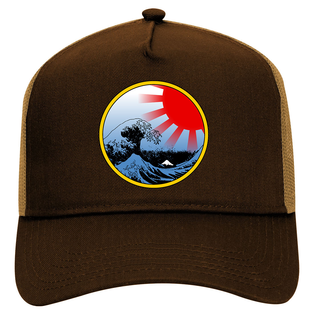 Japanese Wave Print Mens Mesh Trucker Hat Brown
