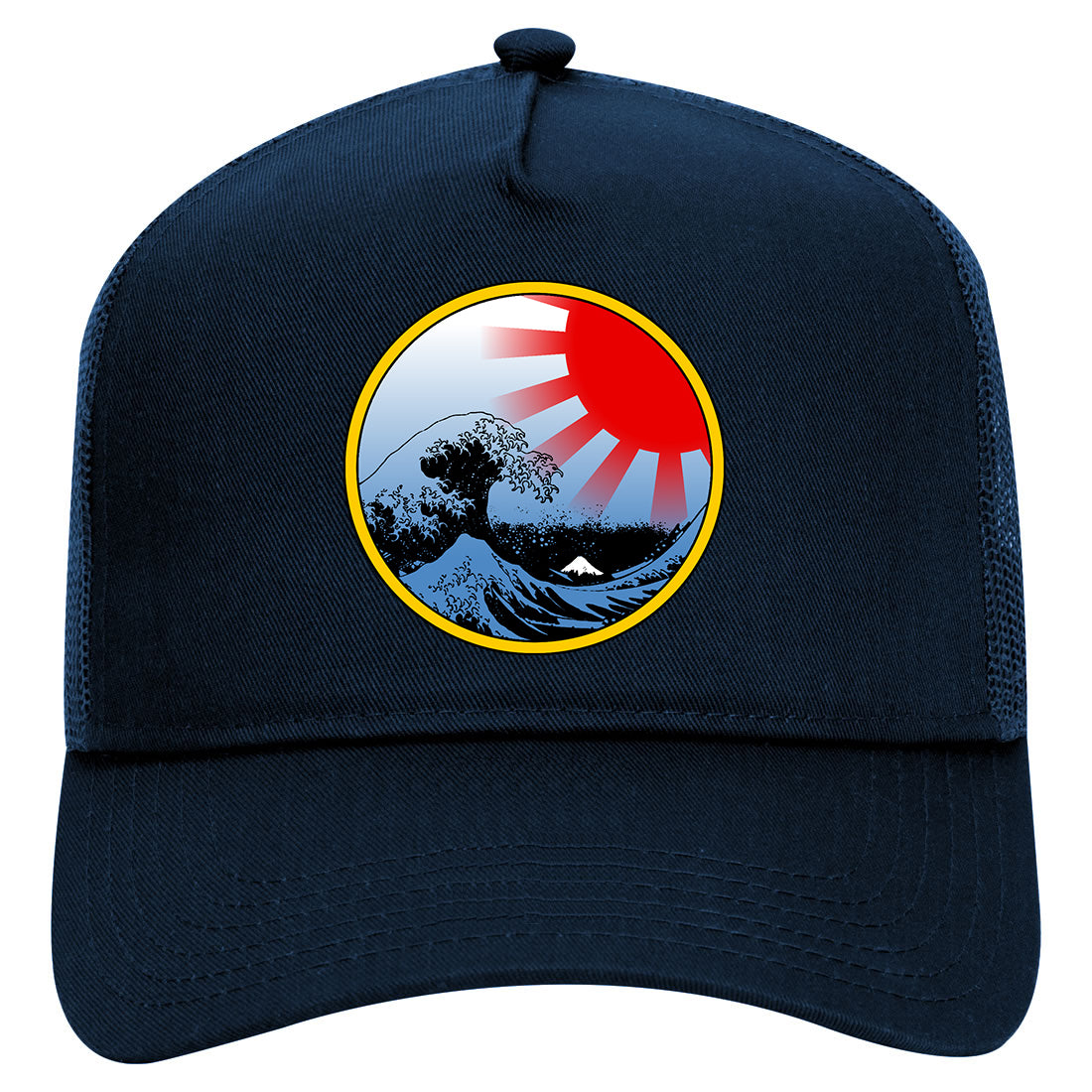 Japanese Wave Print Mens Mesh Trucker Hat Navy Blue