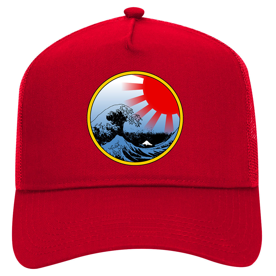 Japanese Wave Print Mens Mesh Trucker Hat Red