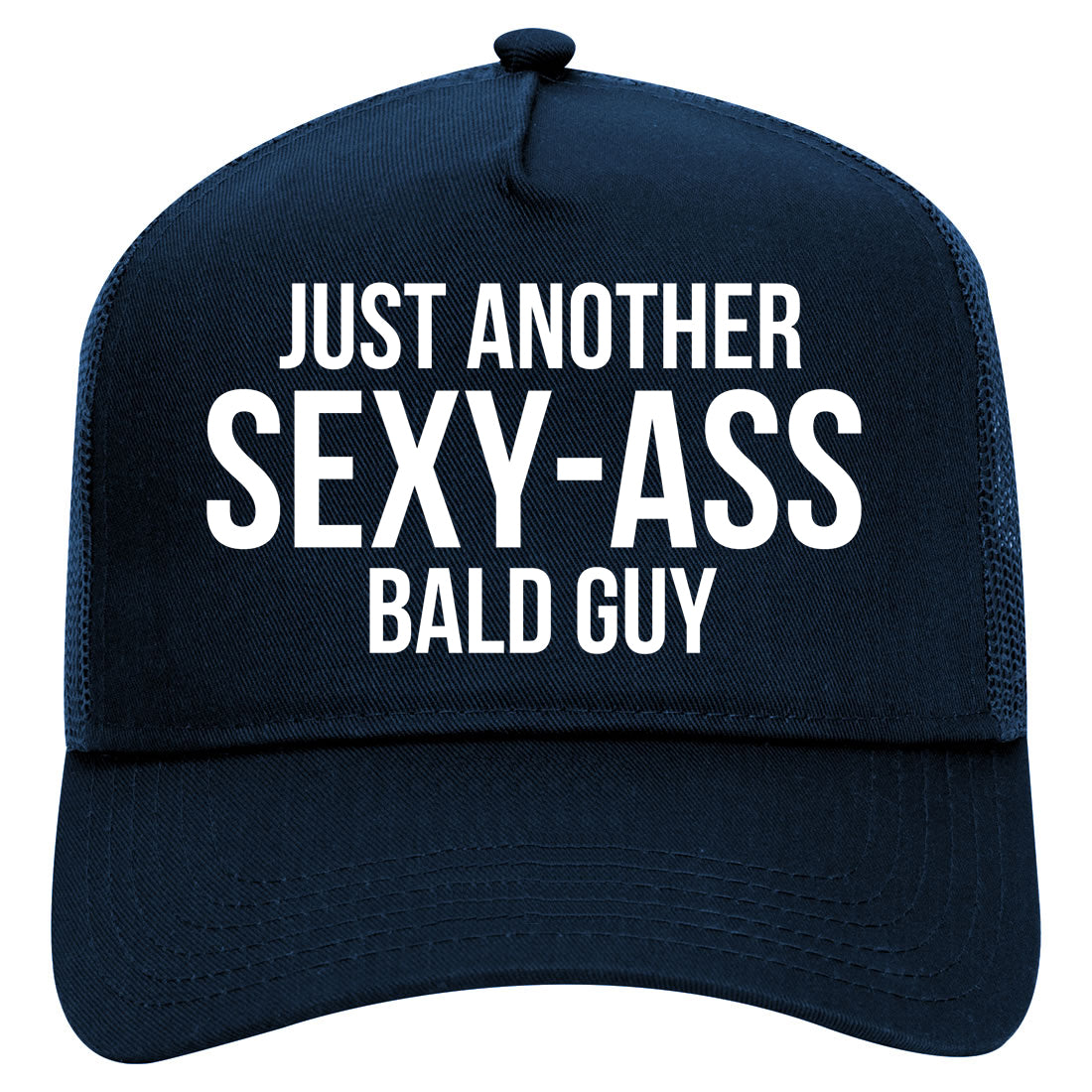 Just Another Sexy Bald Guy Funny Dad Mens Mesh Trucker Hat Navy Blue