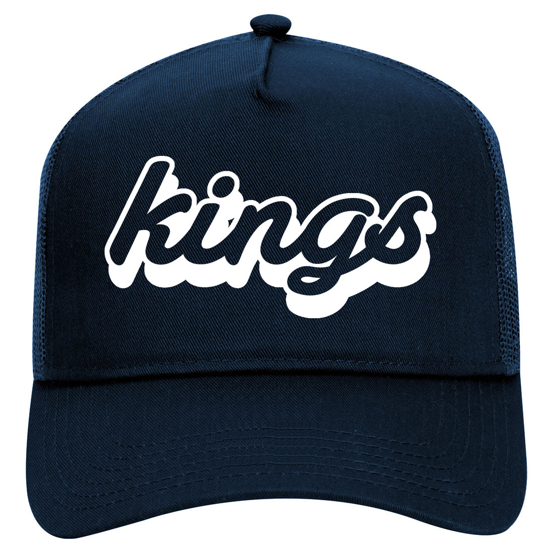 Kings Script Mens Mesh Trucker Hat Navy Blue
