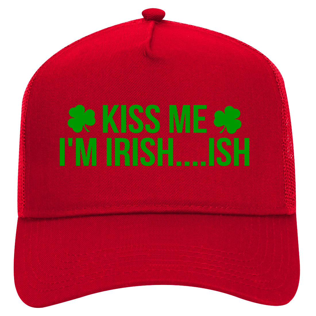 Kiss Me Im Irish Ish Funny St Patricks Day Mens Mesh Trucker Hat Red