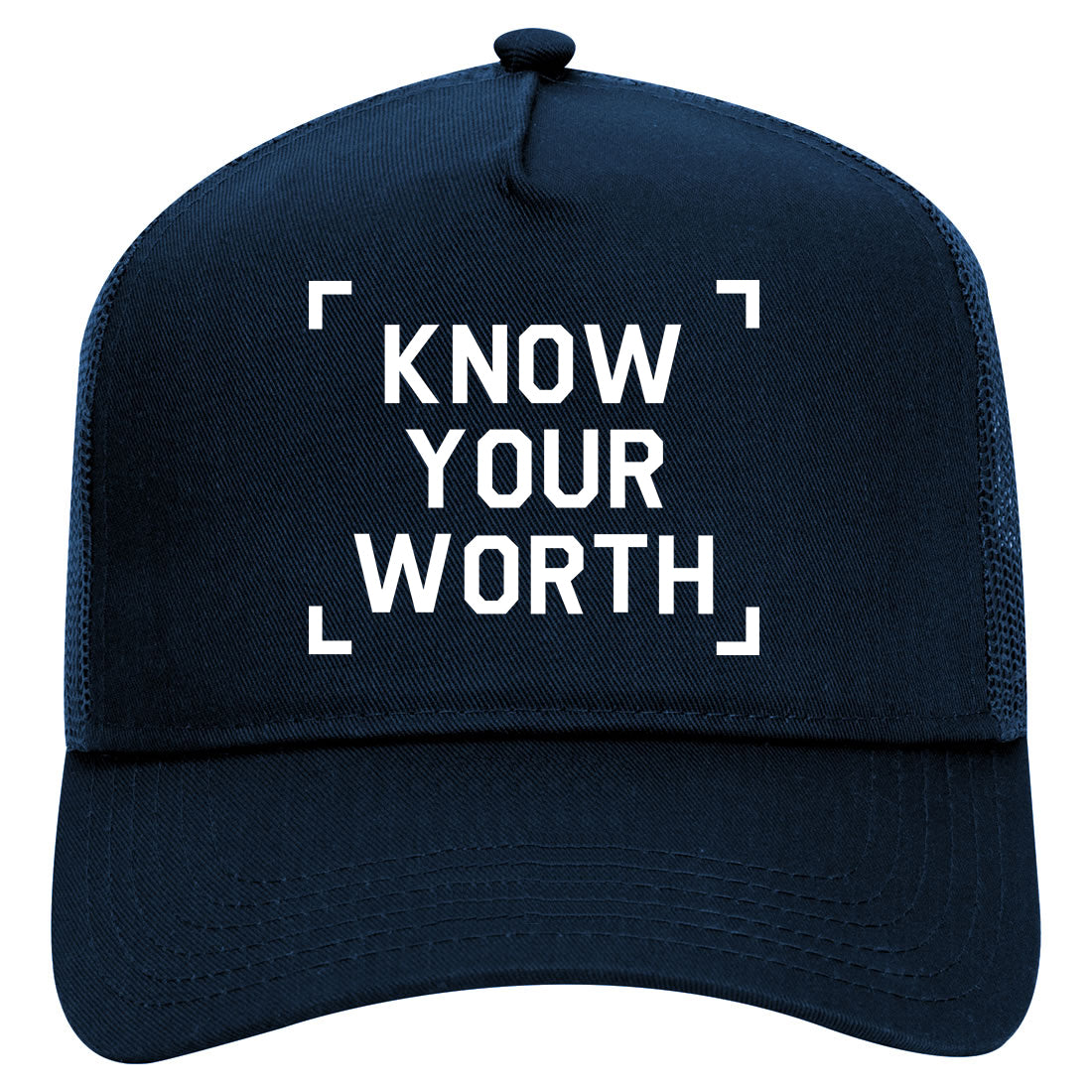Know Your Worth Mens Mesh Trucker Hat Navy Blue