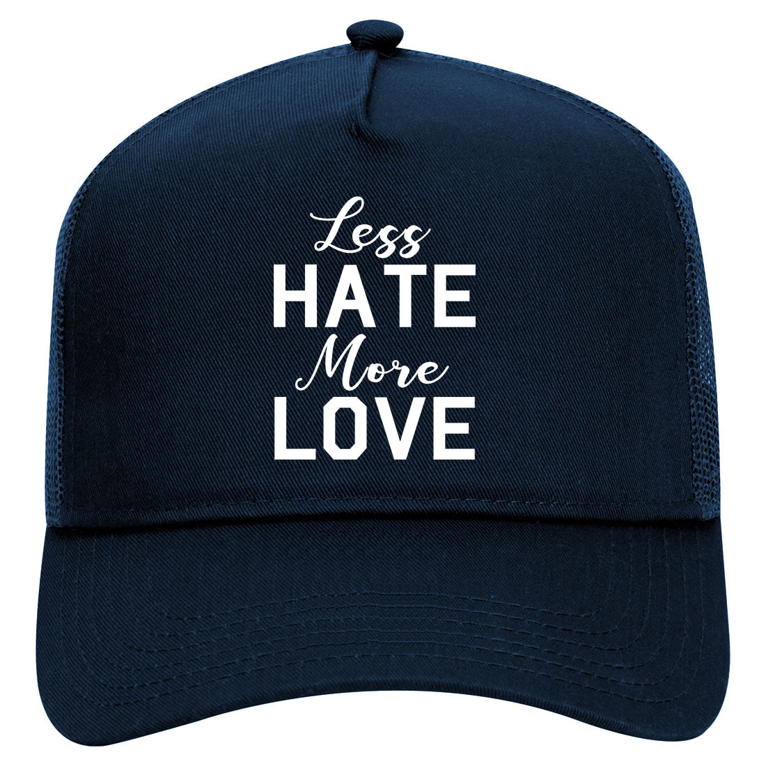 Less Hate More Love Mens Mesh Trucker Hat Navy Blue
