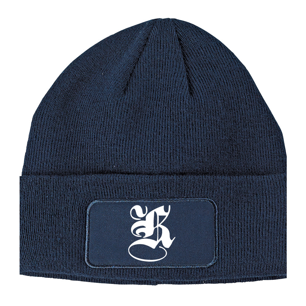 Letter K Old English Winter Knit Adult Beanie Hat Navy Blue