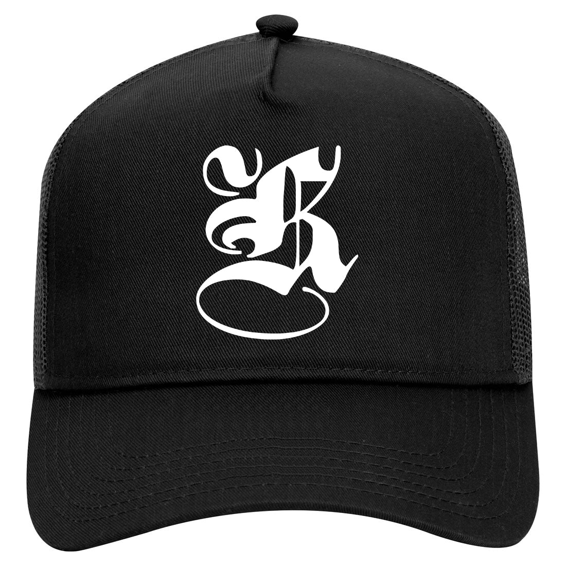 Letter K Old English Mens Mesh Trucker Hat Black