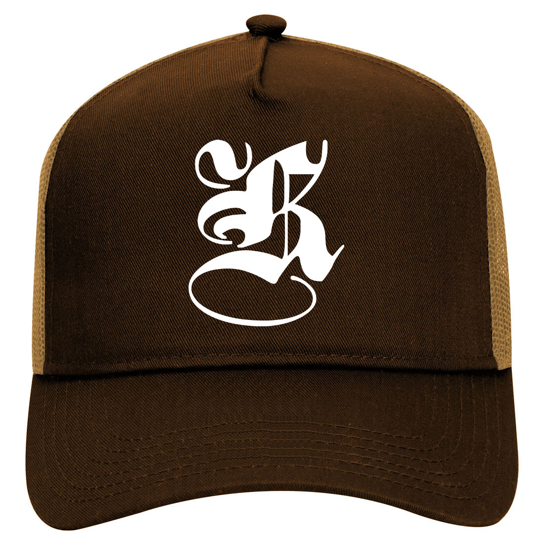 Letter K Old English Mens Mesh Trucker Hat Brown