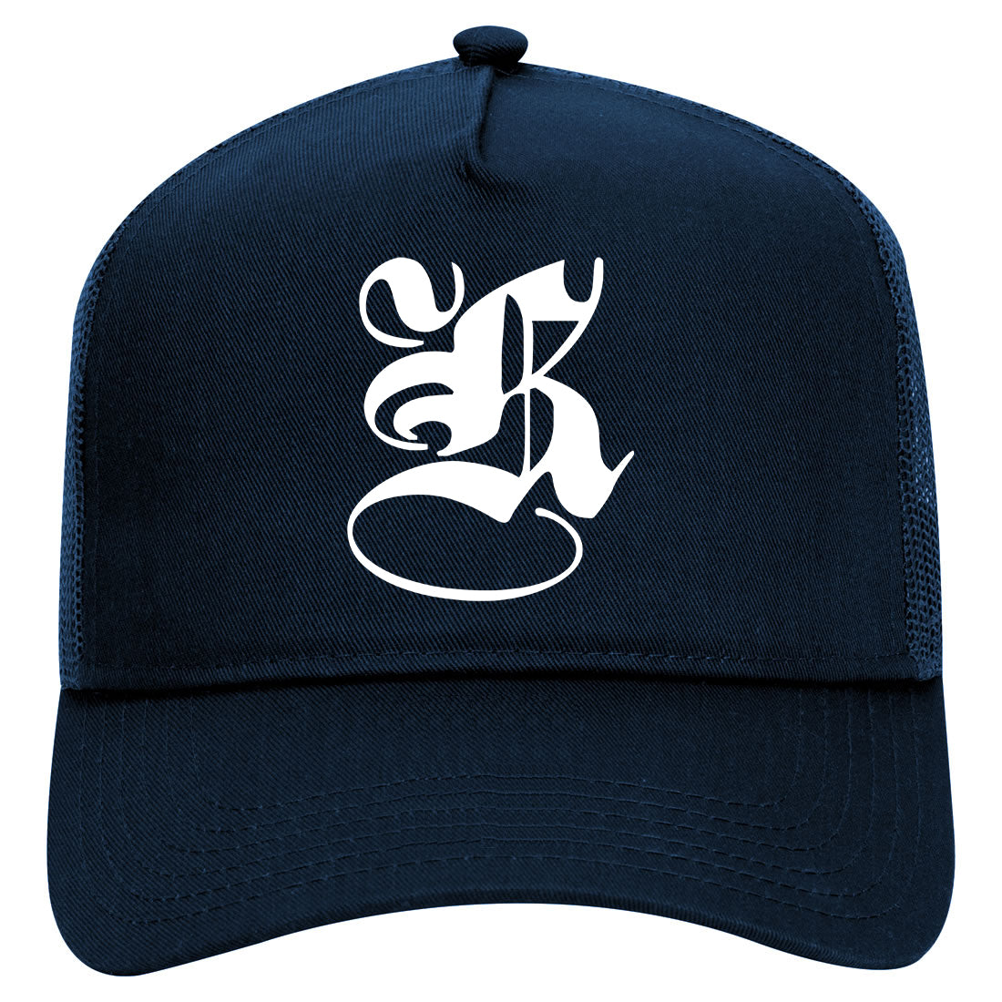 Letter K Old English Mens Mesh Trucker Hat Navy Blue