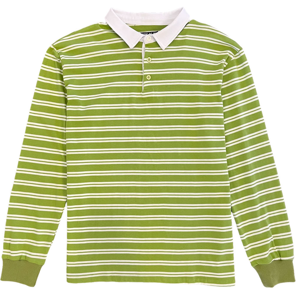Light Olive Green and White Double Stripe Long Sleeve Rugby Shirt