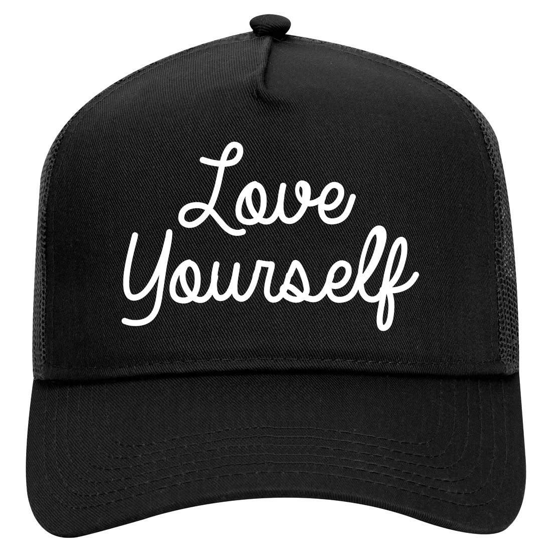 Love Yourself Script Mens Mesh Trucker Hat Black