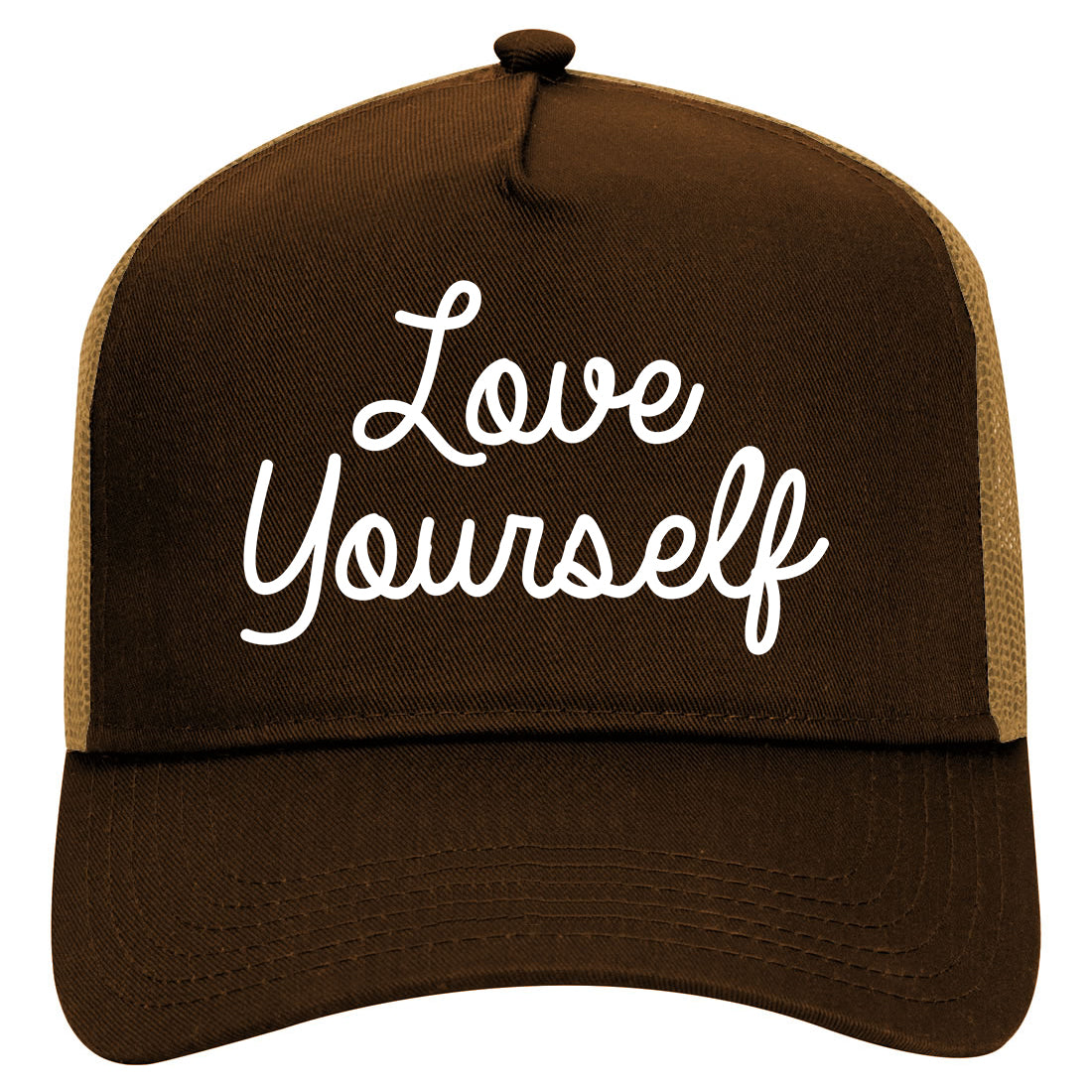 Love Yourself Script Mens Mesh Trucker Hat Brown