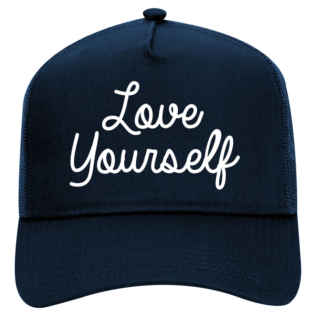 Love Yourself Script Mens Mesh Trucker Hat Navy Blue