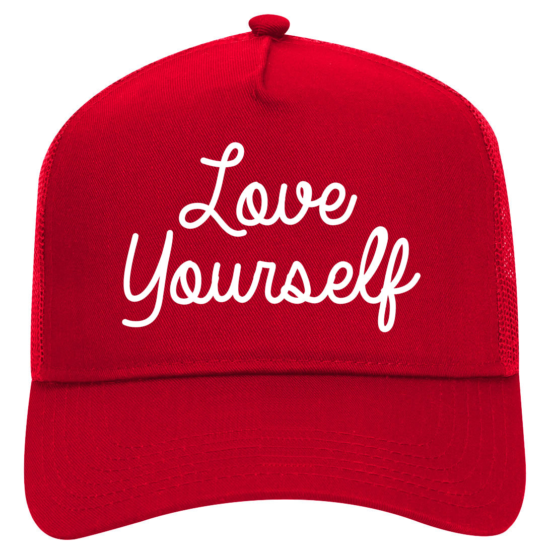 Love Yourself Script Mens Mesh Trucker Hat Red