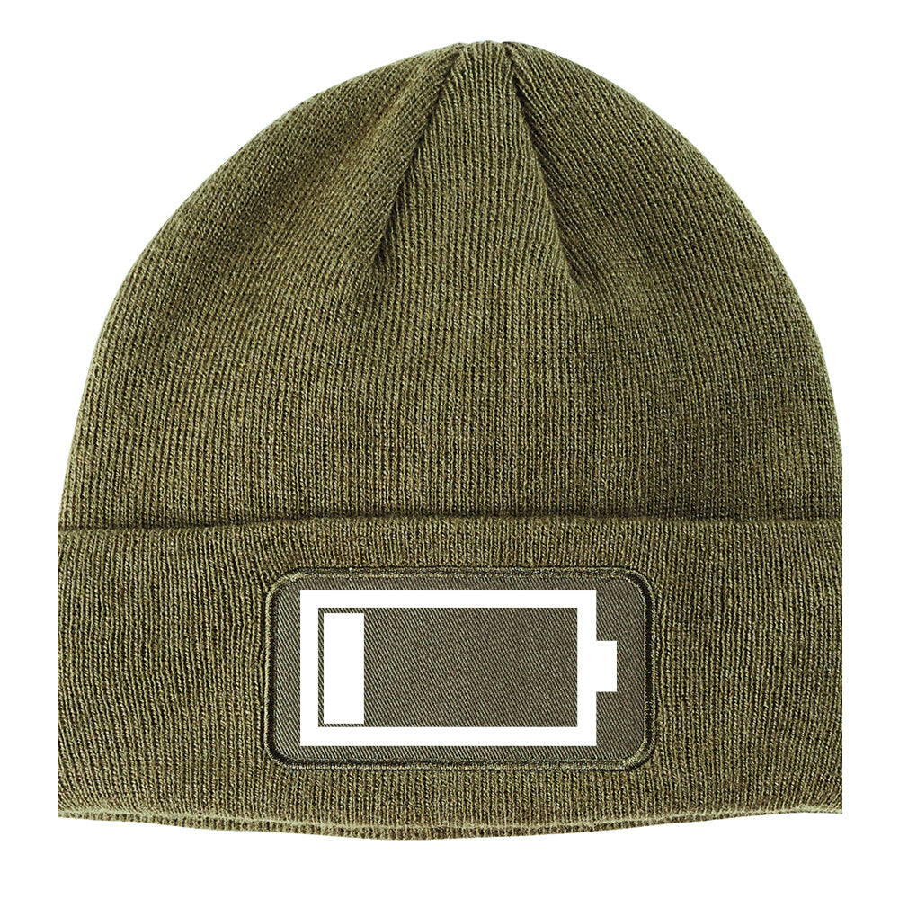 Low Battery Symbol Winter Knit Adult Beanie Hat Olive Green