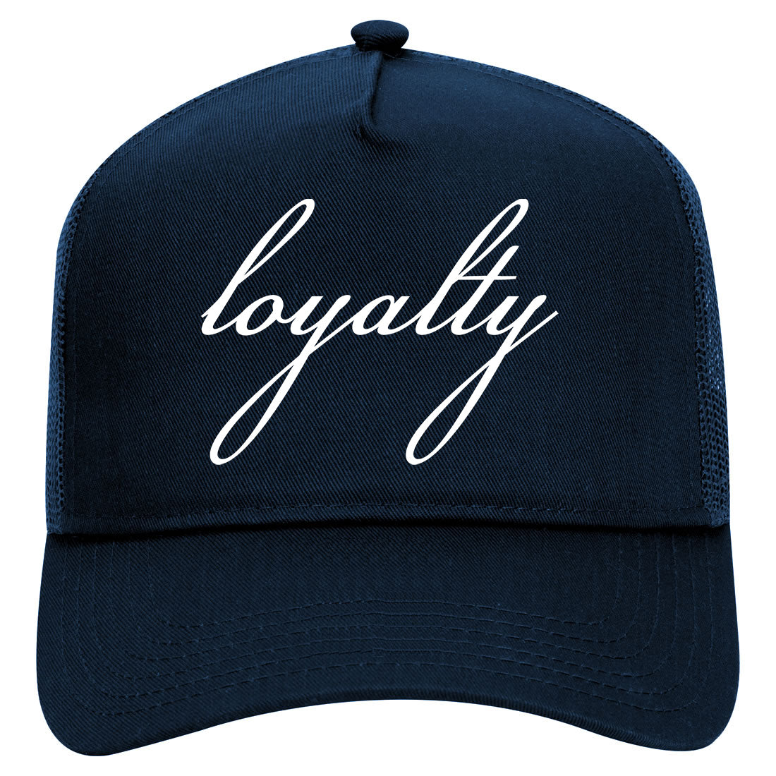 Loyalty Script Mens Mesh Trucker Hat Navy Blue