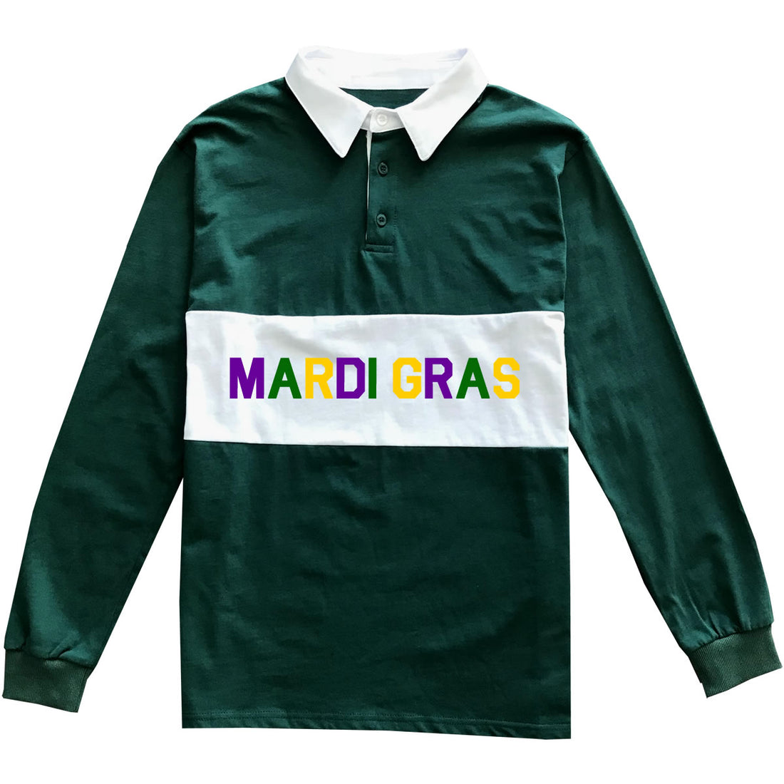 Mardi Gras Chest Stripe Mens Long Sleeve Rugby Shirt Green