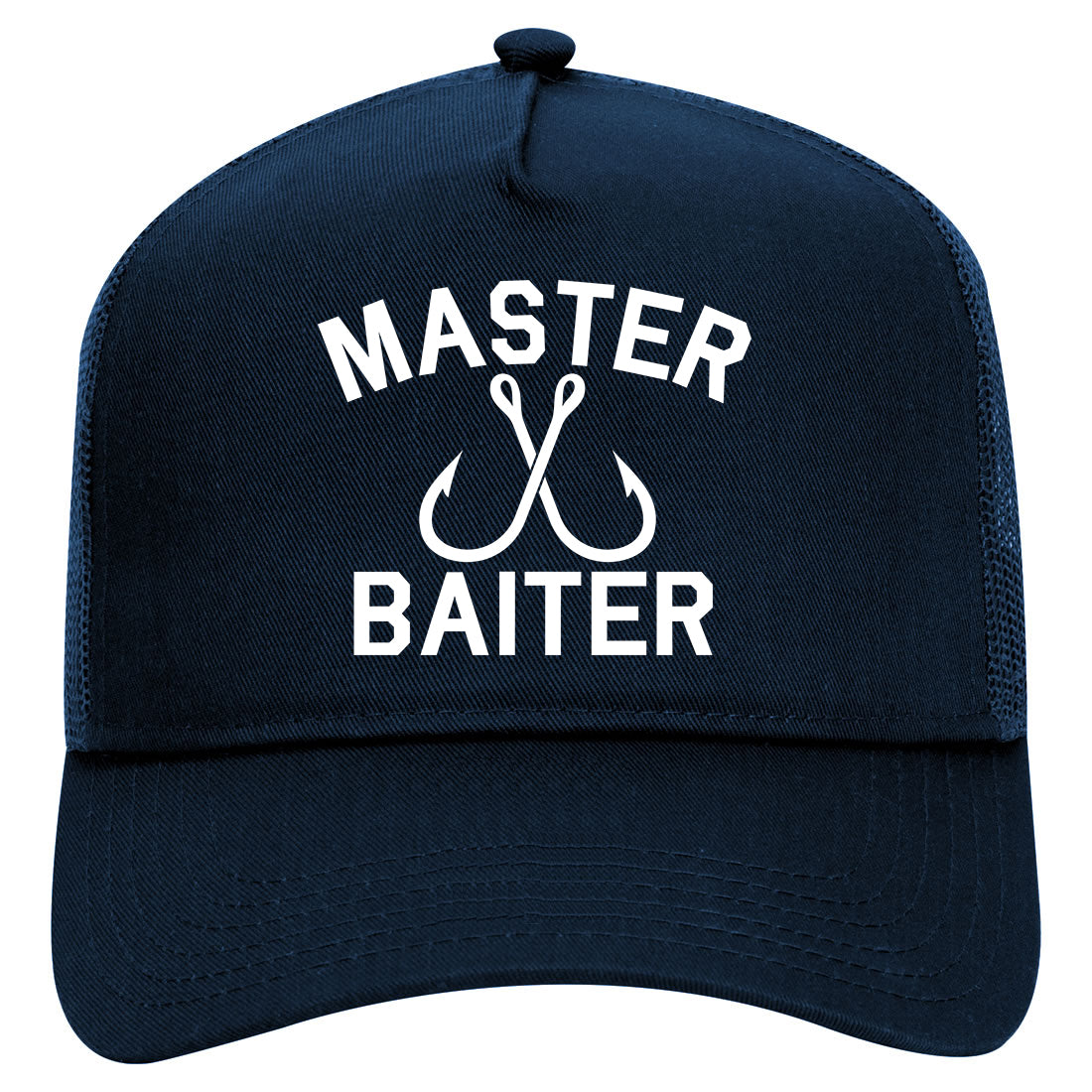 Master Baiter Fishing Hook Mens Mesh Trucker Hat Navy Blue
