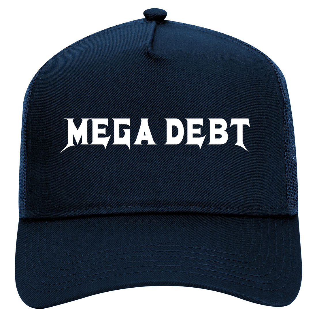 Mega Debt Funny Financial Mens Mesh Trucker Hat Navy Blue