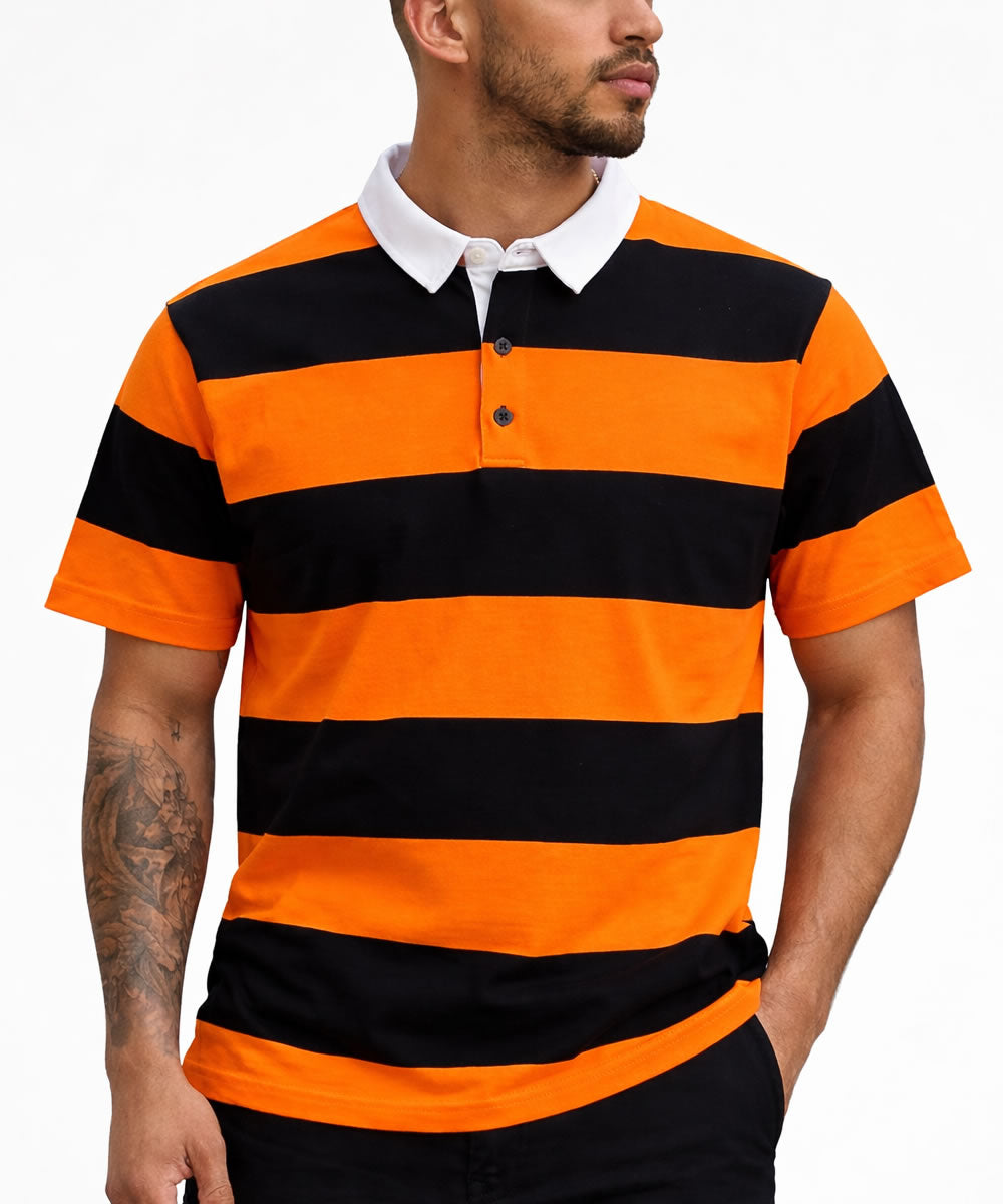 Model Wearing black and orange striped short sleeve rugby shirt