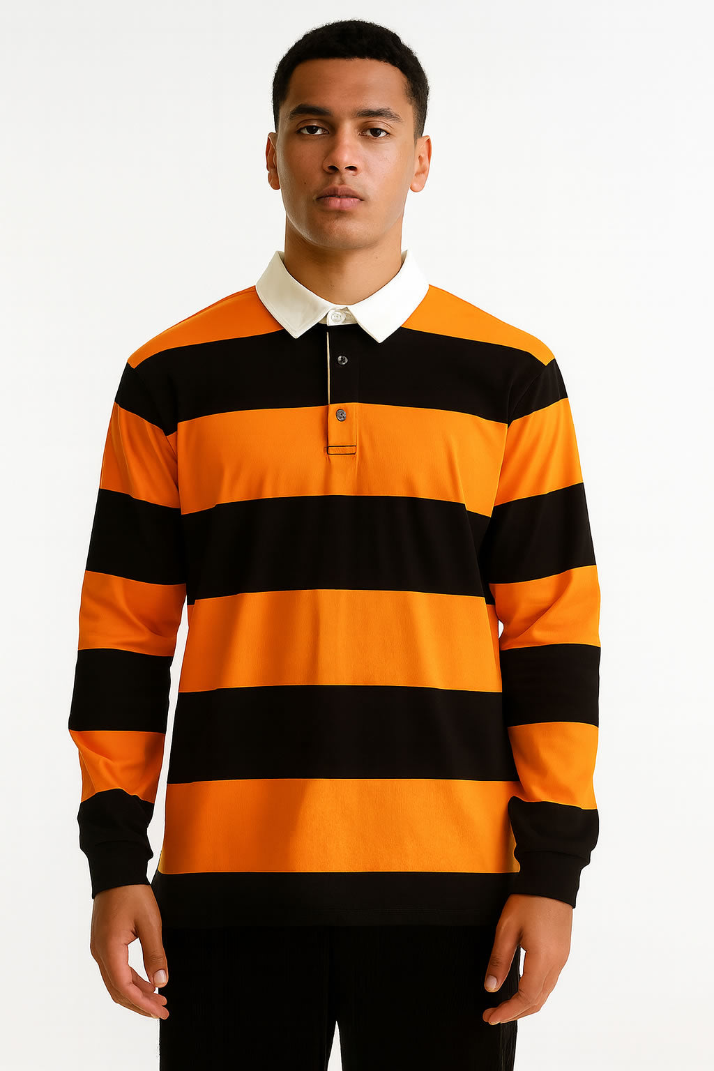 Model Wearing Black and Orange Striped Men's Rugby Shirt