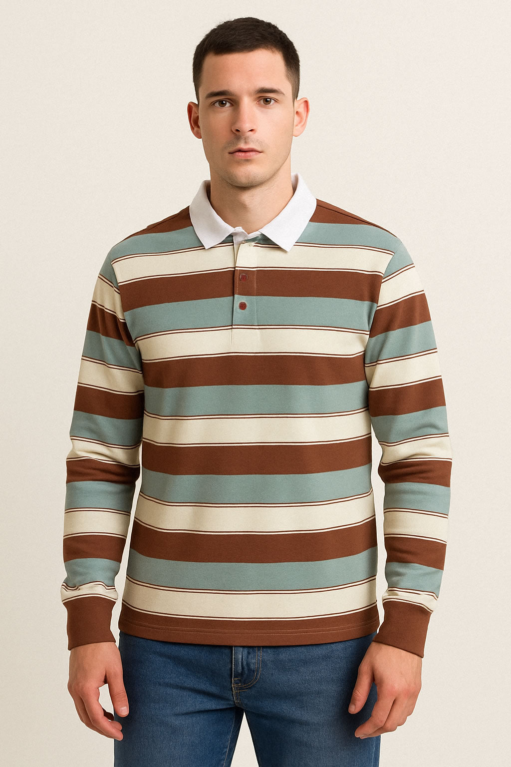 men’s vintage long sleeve rugby shirt brown blue stripes on model