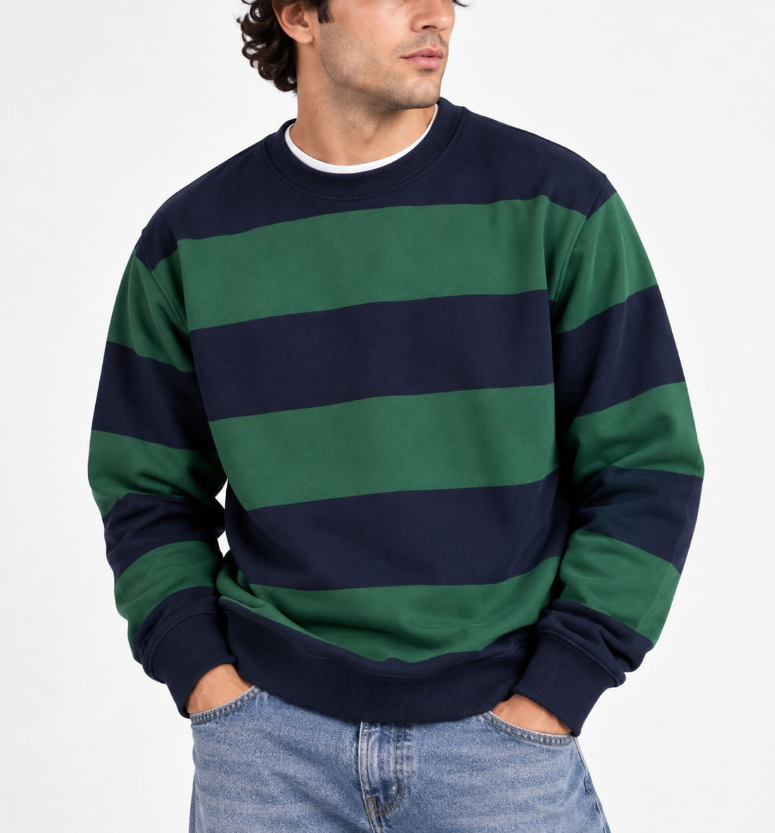man wearing Navy blue and green striped men’s French terry crewneck sweatshirt