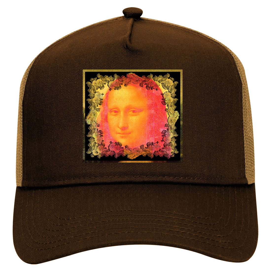 Mona Lisa Artwork Mens Mesh Trucker Hat Brown