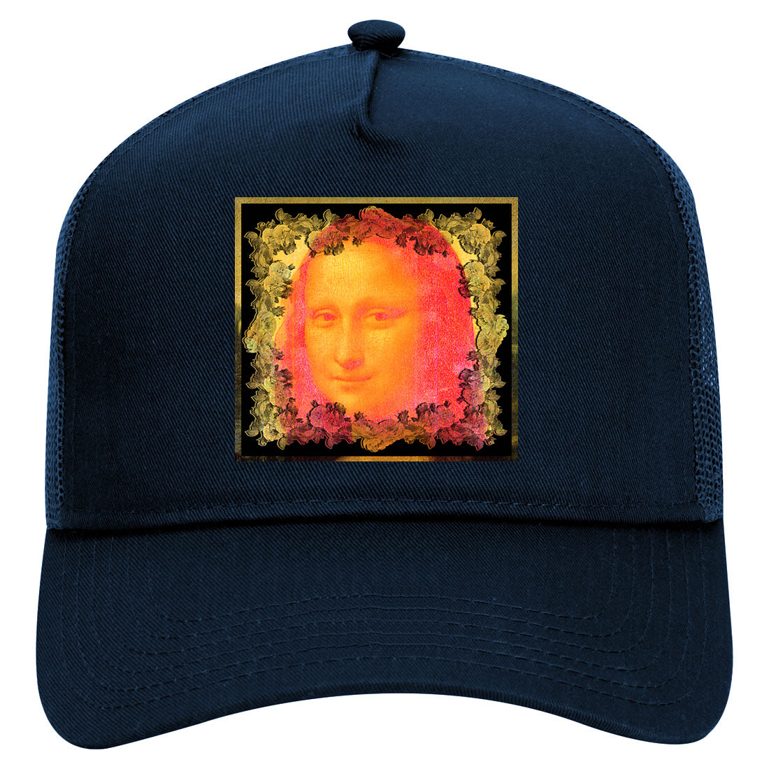 Mona Lisa Artwork Mens Mesh Trucker Hat Navy Blue