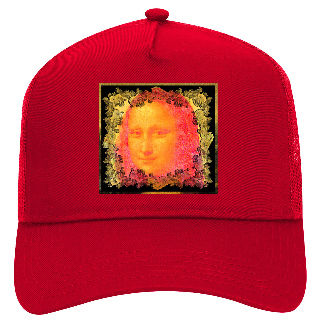 Mona Lisa Artwork Mens Mesh Trucker Hat Red