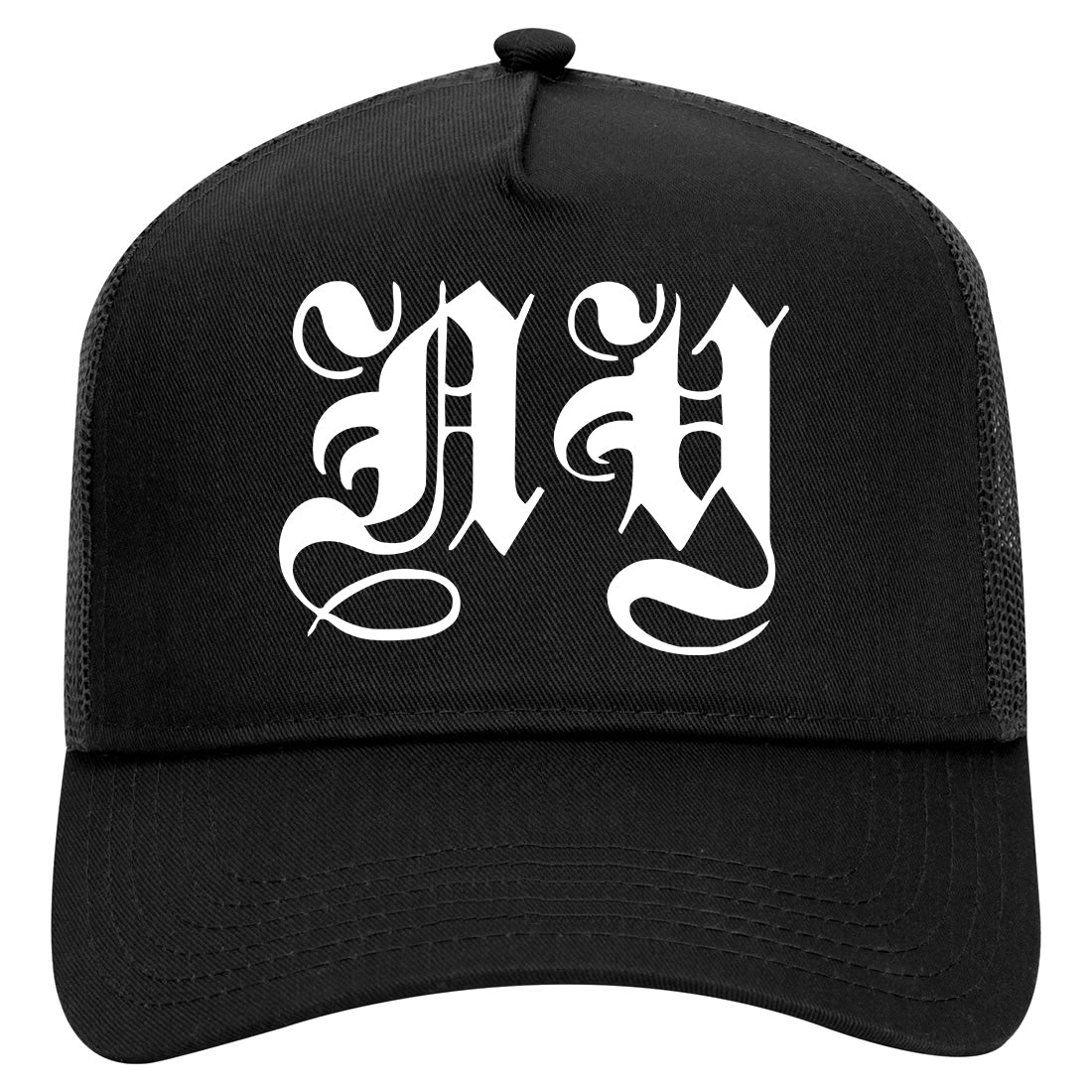 NY Old English New York City Mens Mesh Trucker Hat Black