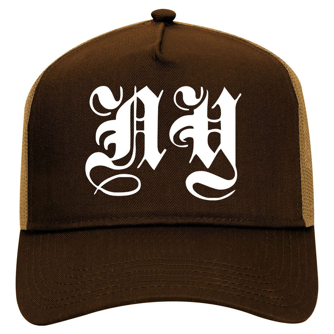 NY Old English New York City Mens Mesh Trucker Hat Brown